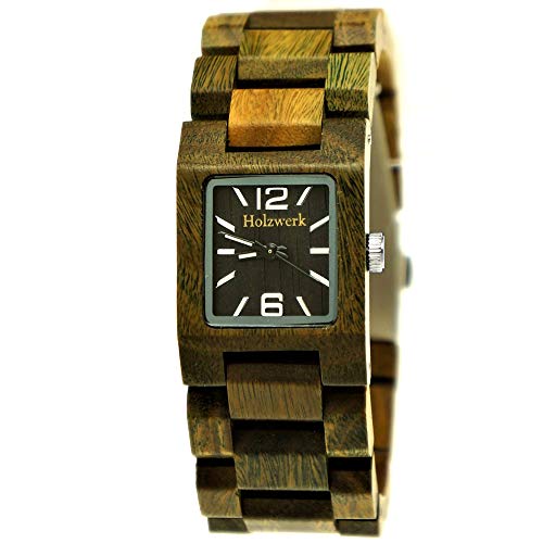 Holzwerk Germany Handgefertigte Designer Damen-Uhr Öko Natur Holz-Uhr Braun Schwarz Rot Grün Armband-Uhr Analog Klassisch Quarz-Uhr (Braun Grün) von Holzwerk Germany