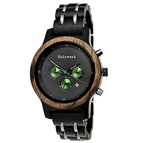 Holzwerk Germany Handgefertigte Designer Damen-Uhr Öko Natur Holz-Uhr Chronograph Armband-Uhr Analog Quarz-Uhr Schwarz Braun Grün Datum Holz Ziffernblatt von Holzwerk Germany