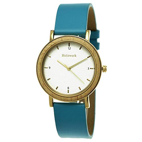 Holzwerk Germany Handgefertigte Designer Damen-Uhr Öko Natur Holz-Uhr Leder Armband-Uhr Analog Klassisch Quarz-Uhr Blau Türkis Gold Braun von Holzwerk Germany