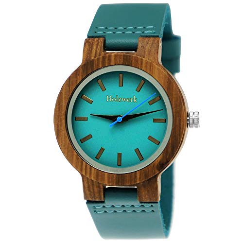 Holzwerk Germany Handgefertigte Designer Damen-Uhr Öko Natur Holz-Uhr Leder Armband-Uhr Analog Klassisch Quarz-Uhr in Blau Türkis Braun (Türkis) von Holzwerk Germany