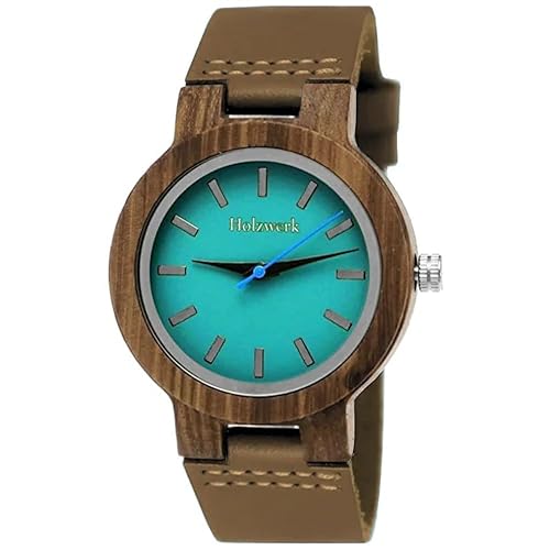 Holzwerk Germany Handgefertigte Designer Damen-Uhr Öko Natur Holz-Uhr Leder Armband-Uhr Analog Klassisch Quarz-Uhr in Blau Türkis Braun von Holzwerk Germany