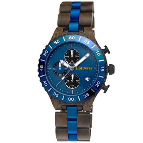 Holzwerk Germany Handgefertigte Designer Herren Öko Natur Holz Uhr Chronograph Armband Analog Quarz Braun Blau Datum Holz von Holzwerk Germany