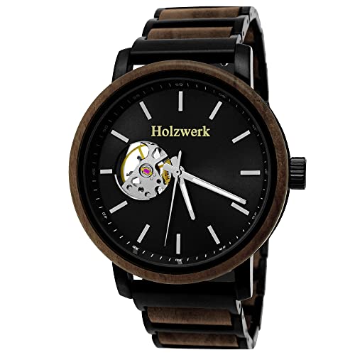 Holzwerk Germany Handgefertigte Designer Herren-Uhr Öko Natur Holz-Uhr Automatik Armband-Uhr Analog Quarz-Uhr Braun Schwarz von Holzwerk Germany