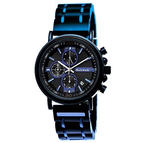 Holzwerk Germany Handgefertigte Designer Herren Uhr Öko Natur Holz Chronograph Armband Analog Quarz Blau Braun Datum Holz Ziffernblatt (Braun – Bunt) von Holzwerk Germany