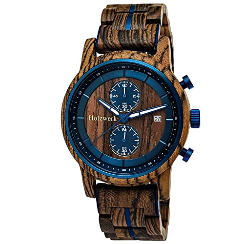 Holzwerk Germany Handgefertigte Designer Herren-Uhr Öko Natur Holz-Uhr Chronograph Armband-Uhr Analog Quarz-Uhr Braun Blau Datum Holz (Braun.Blau-Blue.) von Holzwerk Germany