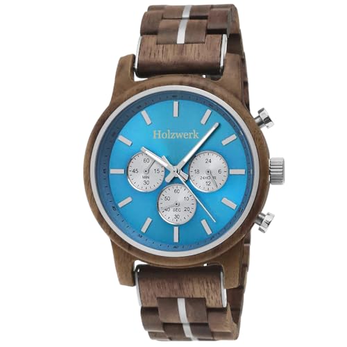 Holzwerk Germany Handgefertigte Designer Herren-Uhr Öko Natur Holz-Uhr Chronograph Armband-Uhr Analog Quarz-Uhr Braun Blau Datum Holz von Holzwerk Germany