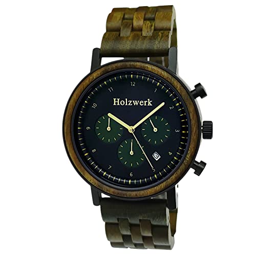 Holzwerk Germany Handgefertigte Designer Herren-Uhr Öko Natur Holz-Uhr Chronograph Armband-Uhr Analog Quarz-Uhr Braun Grün Schwarz Gold Datum Holz Ziffernblatt von Holzwerk Germany