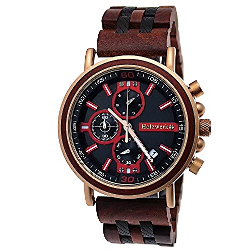 Holzwerk Germany Handgefertigte Designer Herren-Uhr Öko Natur Holz-Uhr Chronograph Armband-Uhr Analog Quarz-Uhr Braun Rose Gold Datum Holz Ziffernblatt (Holzwerk-Braun-Rosegold) von Holzwerk Germany
