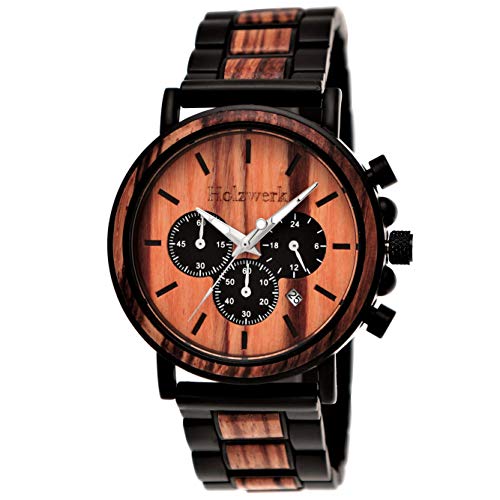 Holzwerk Germany Handgefertigte Designer Herren-Uhr Öko Natur Holz-Uhr Chronograph Armband-Uhr Analog Quarz-Uhr Braun Schwarz Datum Holz Ziffernblatt (Braun.schwarz) von Holzwerk Germany