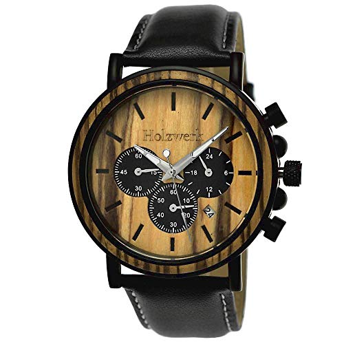 Holzwerk Germany Handgefertigte Designer Herren-Uhr Öko Natur Holz-Uhr Chronograph Armband-Uhr Analog Quarz-Uhr Braun Schwarz Datum Holz Ziffernblatt von Holzwerk Germany