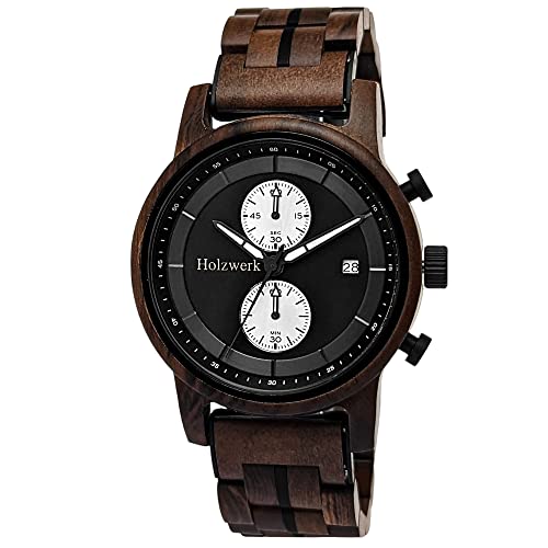 Holzwerk Germany Handgefertigte Designer Herren-Uhr Öko Natur Holz-Uhr Chronograph Armband-Uhr Analog Quarz-Uhr Braun Blau Datum Holz (Braun.Schwarz) von Holzwerk Germany