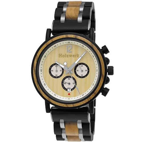 Holzwerk Germany Handgefertigte Designer Herren-Uhr Öko Natur Holz-Uhr Chronograph Armband-Uhr Analog Quarz-Uhr Braun Schwarz Silber Datum Holz Ziffernblatt von Holzwerk Germany