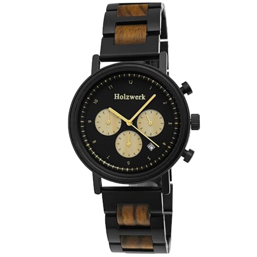 Holzwerk Germany Handgefertigte Designer Herren-Uhr | Öko Natur Holz-Uhr | Chronograph | Armband-Uhr | Analog Quarz-Uhr | Braun Silber | Datum | Holz Ziffernblatt von Holzwerk Germany