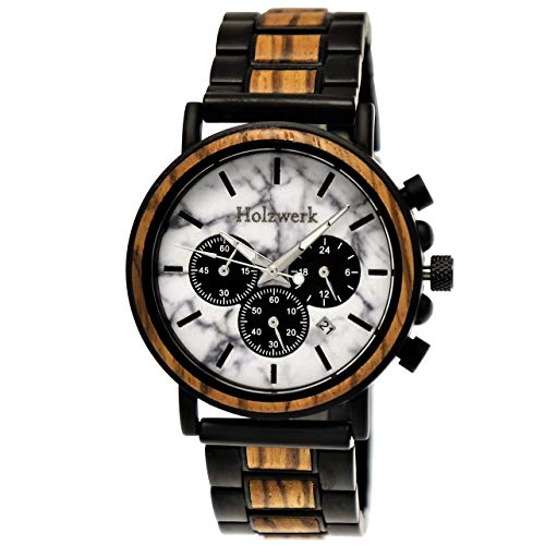 Holzwerk Germany Handgefertigte Designer Herren-Uhr Öko Natur Holz-Uhr Chronograph Armband-Uhr Analog Quarz-Uhr Braun Weiß Schwarz Marmor Stein Datum Holz Ziffernblatt (Braun.Marmor.Weiß) von Holzwerk Germany