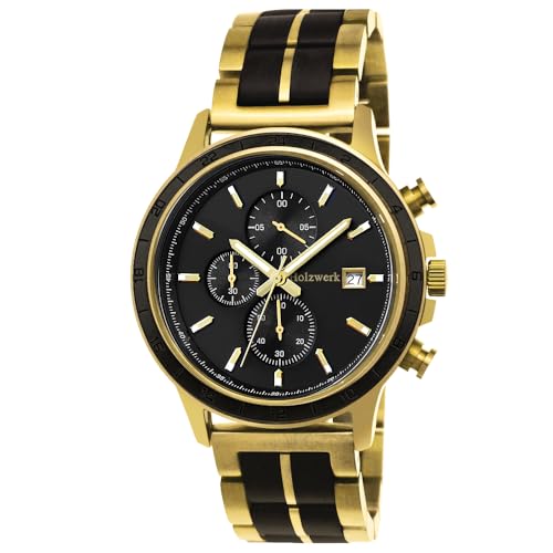 Holzwerk Germany Handgefertigte Designer Herren-Uhr Öko Natur Holz-Uhr Chronograph Armband-Uhr Analog Quarz-Uhr Schwarz Braun Gold Datum Holz Ziffernblatt von Holzwerk Germany