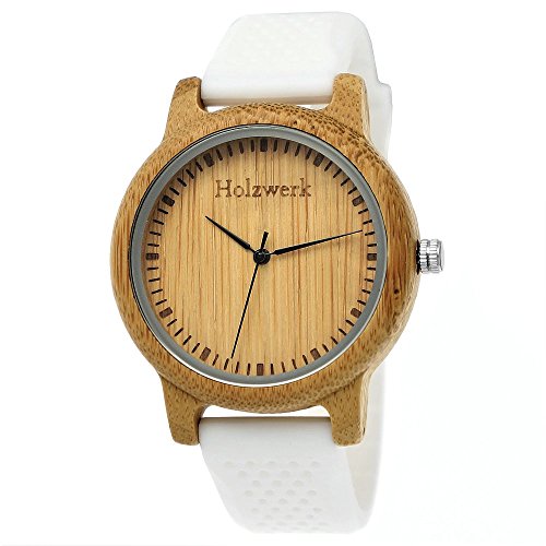 Holzwerk Germany Handgefertigte Designer Unisex Uhr Herren-Uhr Damen-Uhr Öko Natur Vegan Holz-Uhr Armband-Uhr Analog Klassisch Quarz-Uhr mit Silikon Kautschuk Armband und Holz Gehäuse in Weiß von Holzwerk Germany