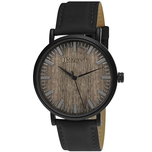 Holzwerk Germany Handgefertigte Flache Designer Unisex Herren-Uhr Damen-Uhr Öko Natur Holz-Uhr Armband-Uhr Analog Klassisch Quarz-Uhr Braun Schwarz Leder-Armband (Slim.Schwarz) von Holzwerk Germany