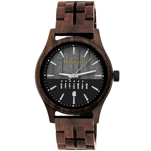 Holzwerk Germany Handgefertigte Herren-Uhr Öko Natur Holz-Uhr Holz Armband-Uhr Braun Blau Buche Gold Schwarz Silber Zebra Bunt Muster Analog Quarz-Uhr Datum und Wochentag Anzeige (Braun.Schwarz) von Holzwerk Germany