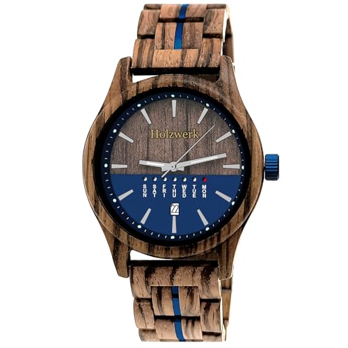 Holzwerk Germany Handgefertigte Herren-Uhr Öko Natur Holz-Uhr Holz Armband-Uhr Braun Blau Buche Gold Schwarz Silber Zebra Bunt Muster Analog Quarz-Uhr Datum und Wochentag Anzeige (Blau.Braun) von Holzwerk Germany