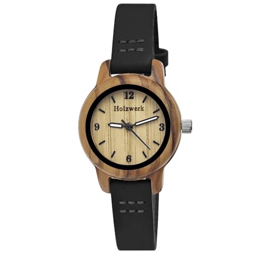 Holzwerk Germany Handgefertigte Kleine Öko Damen-Uhr Öko Natur Holz-Uhr Leder Armband-Uhr Analog Klassisch Quarz-Uhr in Schwarz Braun Rot Blau Türkis (Schwarz.bunt) von Holzwerk Germany