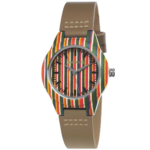 Holzwerk Germany Handgefertigte Kleine Rainbow Regenbogen Öko Damen-Uhr Öko Natur Holz-Uhr Leder Armband-Uhr Analog Klassisch Quarz-Uhr in Schwarz Bunt Blau Gelb Rot (Braun.Bunt) von Holzwerk Germany