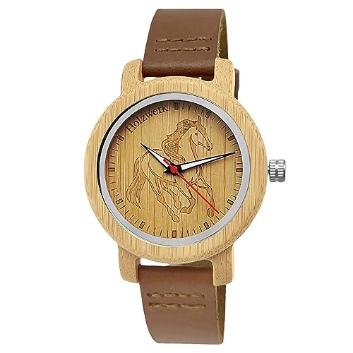 Holzwerk Germany Mädchen-Uhr Jungen-Uhr Kinderuhr Öko Natur Holz-Uhr Leder Armband-Uhr Analog Klassisch Quarz-Uhr Kinder Uhr mit Pferde Pony Motiv in Rot Schwarz Blau Türkis Braun (Braun.Brown) von Holzwerk Germany