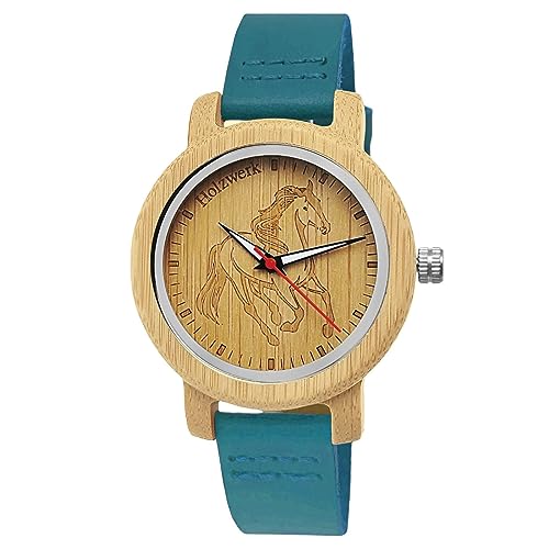 Holzwerk Germany Mädchen-Uhr Jungen-Uhr Kinderuhr Öko Natur Holz-Uhr Leder Armband-Uhr Analog Klassisch Quarz-Uhr Kinder Uhr mit Pferde Pony Motiv in Rot Schwarz Blau Türkis Braun (Türkis-Blau..) von Holzwerk Germany