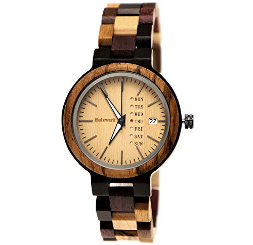 Holzwerk Germany Handgefertigte Matrix Damen-Uhr Öko Natur Holz-Uhr Holz Armband-Uhr Braun Schwarz Bunt Zebra Muster Analog Quarz-Uhr Datum und Wochentag Anzeige (Holzwerk-Damen-Bunt) von Holzwerk Germany
