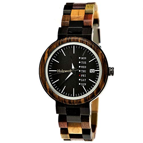 Holzwerk Germany Handgefertigte Matrix Damen-Uhr Öko Natur Holz-Uhr Holz Armband-Uhr Braun Schwarz Zebra Muster Analog Quarz-Uhr Future Edition Datum und Wochentag Anzeige (Braun) von Holzwerk Germany