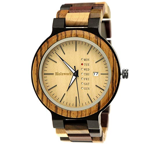 Holzwerk Germany Handgefertigte Matrix Herren-Uhr Öko Natur Holz-Uhr Holz Armband-Uhr Braun Schwarz Zebra Bunt Muster Analog Quarz-Uhr Datum und Wochentag Anzeige (bunt) von Holzwerk Germany