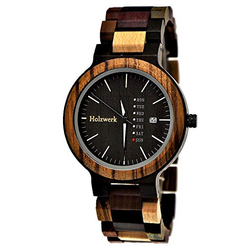 Holzwerk Germany Handgefertigte Matrix Herren-Uhr Öko Natur Holz-Uhr Holz Armband-Uhr Braun Schwarz Zebra Muster Analog Quarz-Uhr Datum und Wochentag Anzeige (Herren-Schwarz-Zifferblatt) von Holzwerk Germany