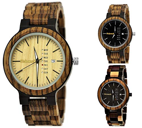 Holzwerk Germany Handgefertigte Matrix Herren-Uhr Öko Natur Holz-Uhr Holz Armband-Uhr Braun Schwarz Zebra Muster Analog Quarz-Uhr Datum und Wochentag Anzeige (Holzwerk-Braun-Ahorn) von Holzwerk Germany