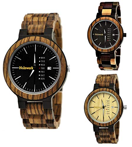 Holzwerk Germany Handgefertigte Matrix Herren-Uhr Öko Natur Holz-Uhr Holz Armband-Uhr Braun Schwarz Zebra Muster Analog Quarz-Uhr Datum und Wochentag Anzeige (Holzwerk-Braun-Schwarz.Datum) von Holzwerk Germany