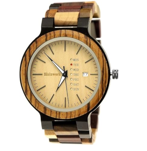 Holzwerk Germany Handgefertigte Matrix Herren-Uhr Öko Natur Holz-Uhr Holz Armband-Uhr Braun Schwarz Zebra Muster Analog Quarz-Uhr Datum und Wochentag Anzeige (Holzwerk-Braun-Zebra.) von Holzwerk Germany