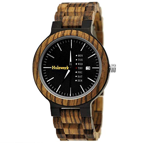 Holzwerk Germany Handgefertigte Matrix Herren-Uhr Öko Natur Holz-Uhr Holz Armband-Uhr Braun Schwarz Zebra Muster Analog Quarz-Uhr Datum und Wochentag Anzeige von Holzwerk Germany