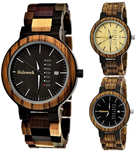 Holzwerk Germany Handgefertigte Matrix Herren-Uhr Öko Natur Holz-Uhr Holz Armband-Uhr Braun Schwarz Zebra Muster Analog Quarz-Uhr Datum und Wochentag Anzeige von Holzwerk Germany