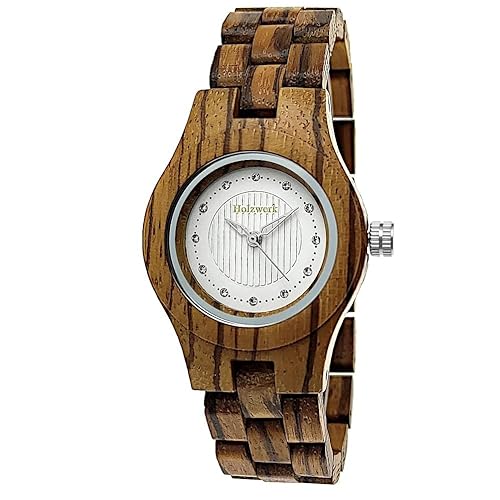 Holzwerk Germany Handgefertigte Moderne Mode Designer Damen-Uhr Öko Natur Holz-Uhr Braun Weiß Zifferblatt Strass besetzt Armband-Uhr Analog Klassisch Quarz-Uhr (Braun..) von Holzwerk Germany