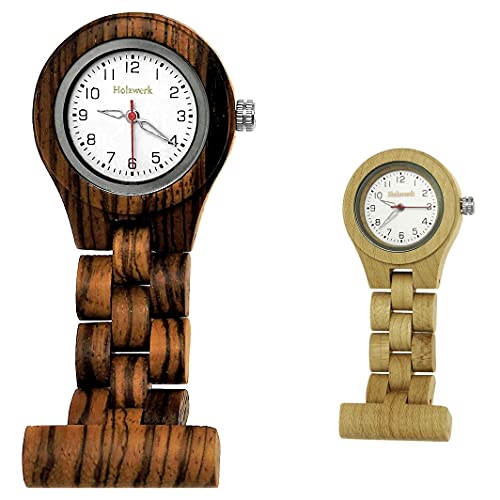 Holzwerk Germany Handgefertigte Schwestern-Uhr Taschen-Uhr Ansteck-Uhr Puls-Uhr Kittel-Uhr Pflegeuhr-Uhr Öko Natur Holz-Uhr Braun Weiß Zebra Krankenschwester-Uhr (Taschenuhr-Braun) von Holzwerk Germany