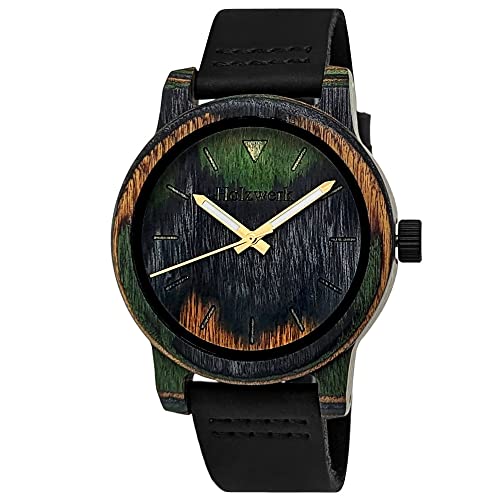 Holzwerk Germany Handgefertigte Unisex Damen-Uhr Herren-Uhr Öko Natur Holz-Uhr Leder Armband-Uhr Analog Klassisch Quarz-Uhr Braun Bunt Grün Orange Schwarz (Braun..) von Holzwerk Germany