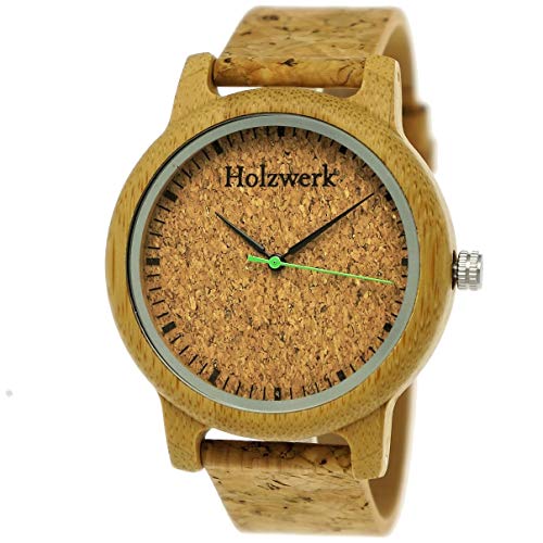 Holzwerk Germany Handgefertigte Unisex Damen-Uhr Herren-Uhr Öko Natur Vegan Holz-Uhr Armband-Uhr Analog Klassisch Quarz-Uhr mit Kork Armband und Ziffernblatt von Holzwerk Germany