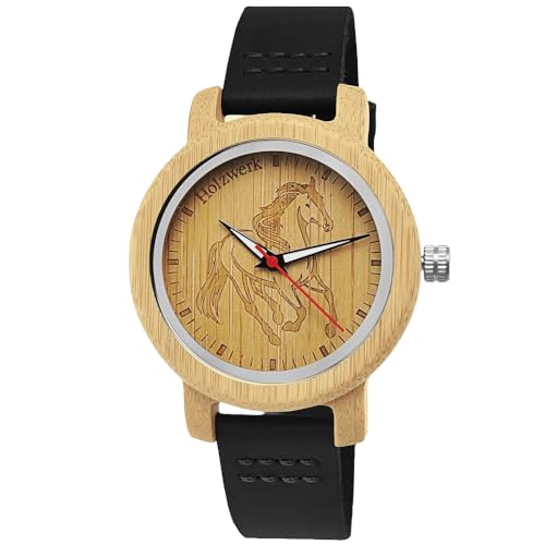 Holzwerk Germany Mädchen-Uhr Jungen-Uhr Kinderuhr Öko Natur Holz-Uhr Leder Armband-Uhr Analog Klassisch Quarz-Uhr Kinder Uhr mit Pferde Pony Motiv in Rot Schwarz Blau Türkis Braun (Braun.Black) von Holzwerk Germany