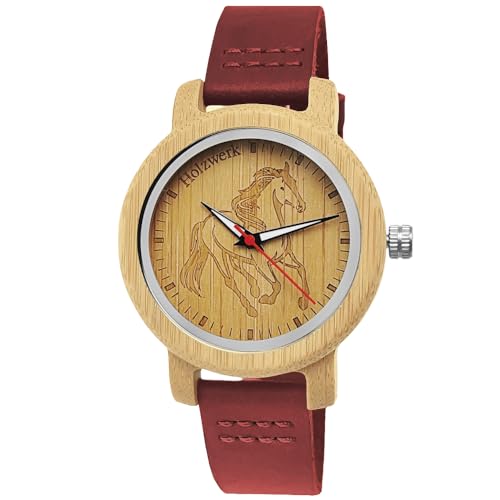 Holzwerk Germany Mädchen-Uhr Jungen-Uhr Kinderuhr Öko Natur Holz-Uhr Leder Armband-Uhr Analog Klassisch Quarz-Uhr Kinder Uhr mit Pferde Pony Motiv in Rot Schwarz Blau Türkis Braun (Braun.rot) von Holzwerk Germany