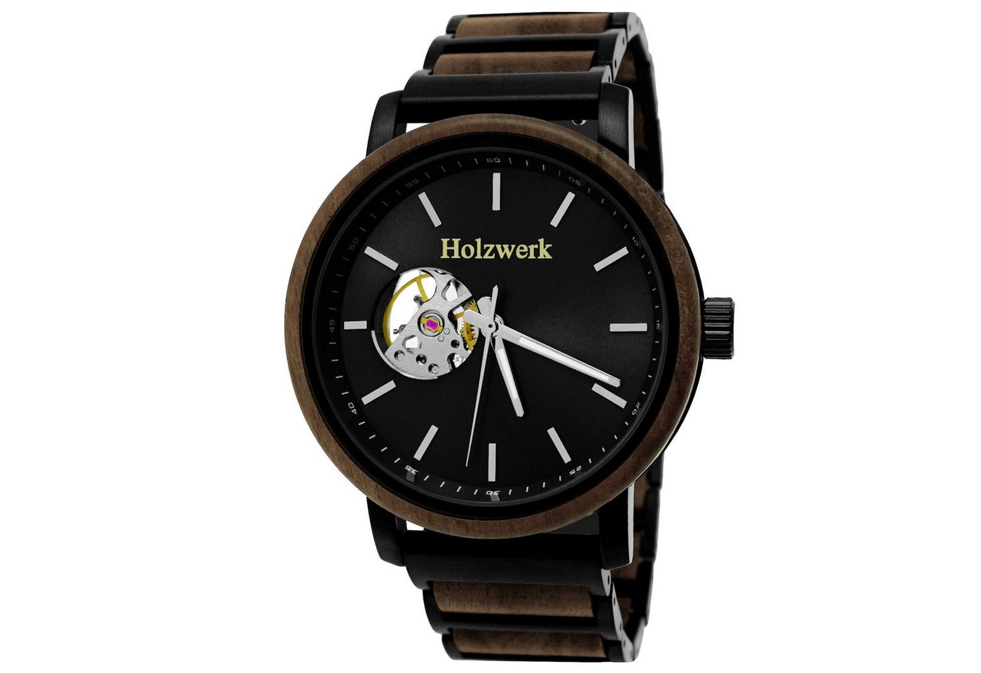 Holzwerk Automatikuhr COESFELD Herren Edelstahl & Holz Armband Uhr, matt schwarz, braun von Holzwerk