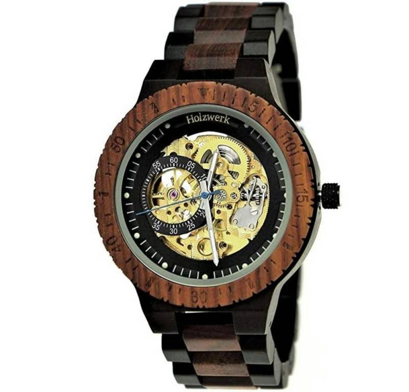 Holzwerk Automatikuhr DASSEL Herren Holz Armband Uhr, offene Unruhe in dunkel braun, gold von Holzwerk