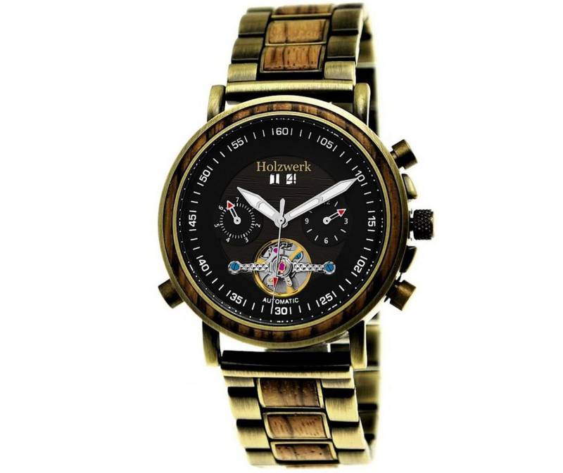 Holzwerk Automatikuhr Herren Edelstahl & Holz Armband Uhr mit Datum, (inklusive Armbandkürzer), Holz Unikate, ideal auch als Geschenk, Automatik, offene Unruhe von Holzwerk