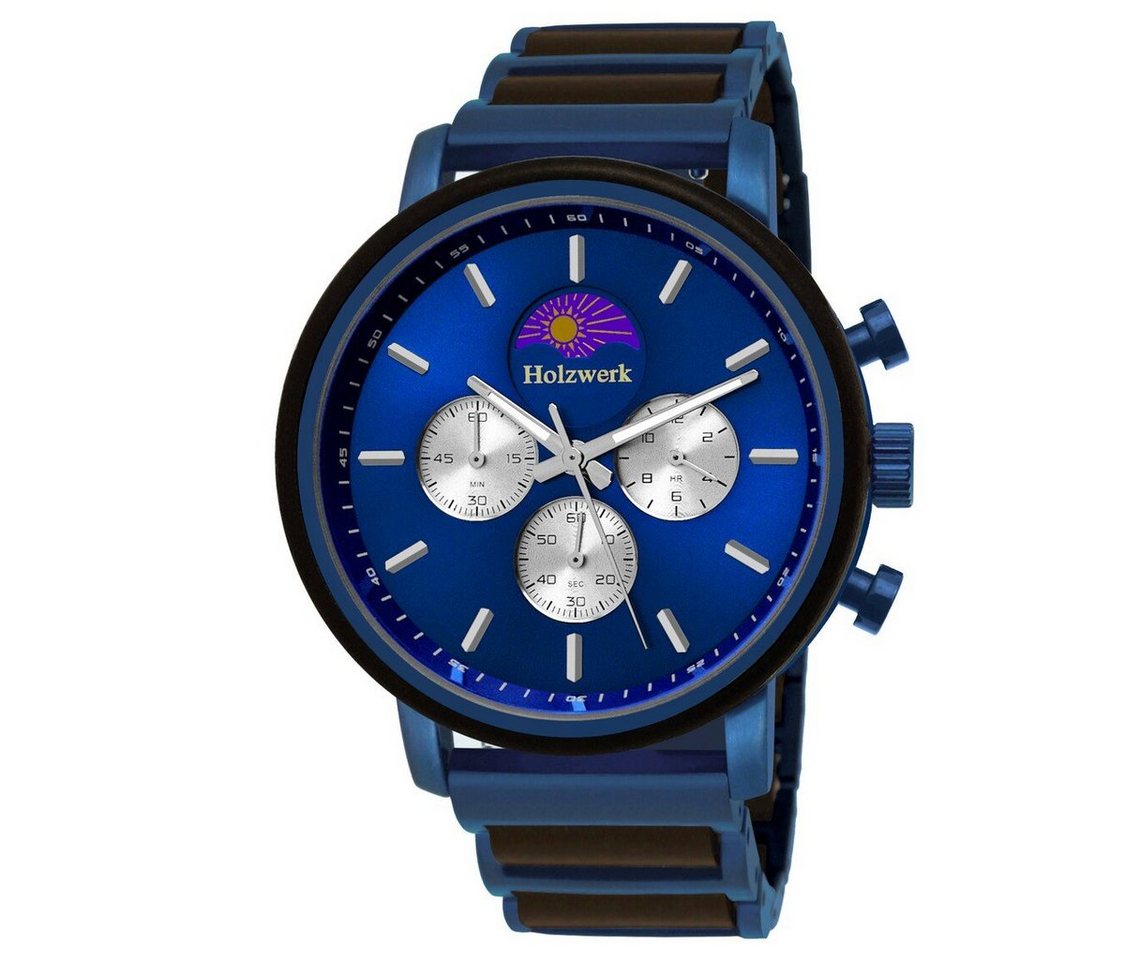 Holzwerk Chronograph BARUTH Herren Edelstahl & Holz Armband Uhr, Mondphase, schwarz, blau von Holzwerk