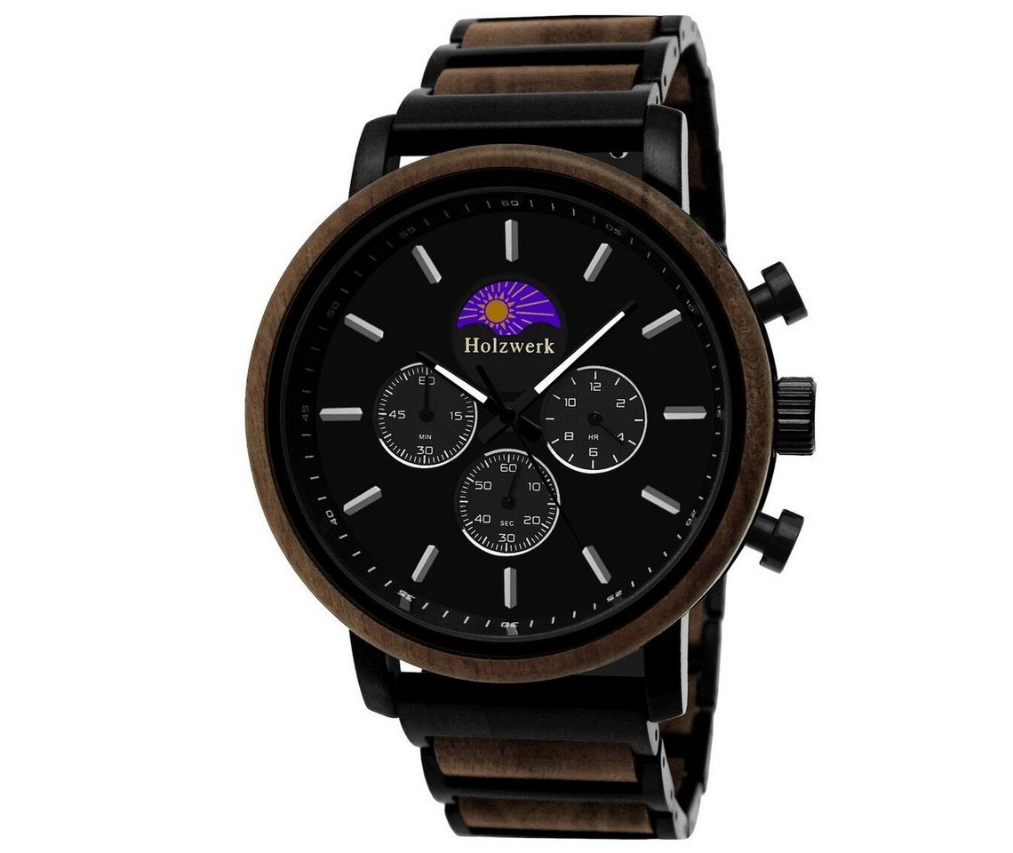 Holzwerk Chronograph BASSUM Herren Edelstahl & Holz Armband Uhr, Mondphase, schwarz, braun von Holzwerk