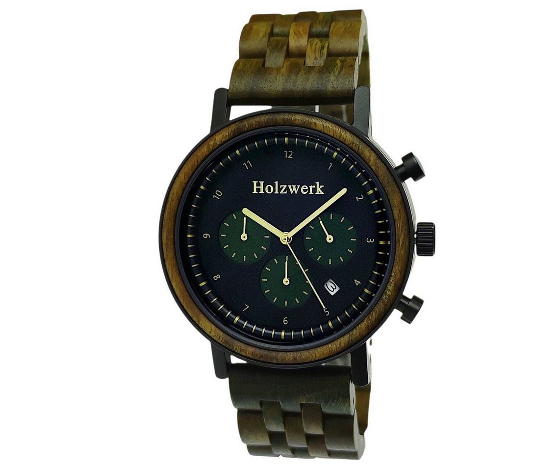 Holzwerk Chronograph BERGHEIM Damen & Herren Holz Armband Uhr mit Datum, schwarz, grün von Holzwerk