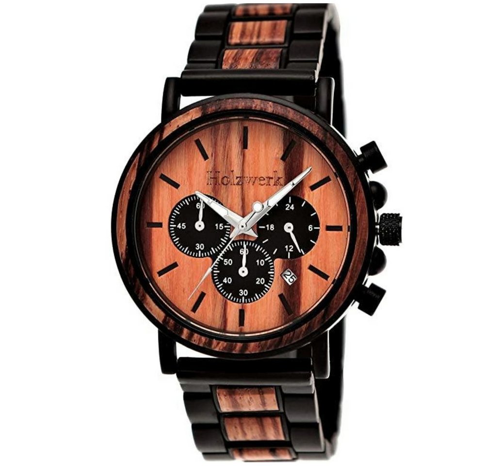 Holzwerk Chronograph BERNAU Herren Edelstahl & Holz Armband Uhr mit Datum, schwarz, rot von Holzwerk