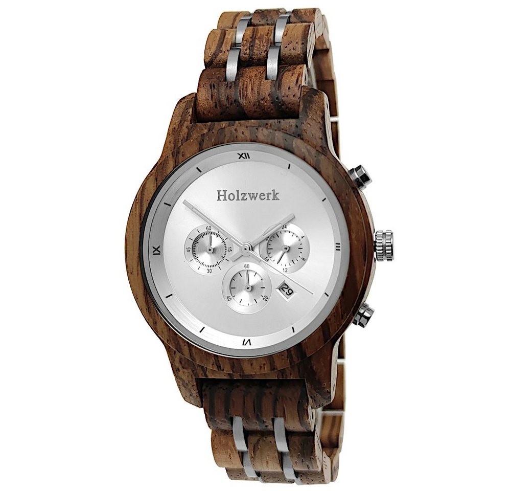 Holzwerk Chronograph BEXBACH Damen & Herren Holz Armband Uhr mit Datum in braun, silber von Holzwerk